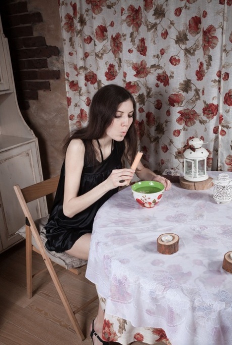 Skinny girl Maia foregoes breakfast to flaunt her hairy bush on the table