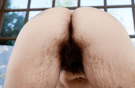 Brunette girl in glasses Anika Darling reveals her hairy muff and asshole