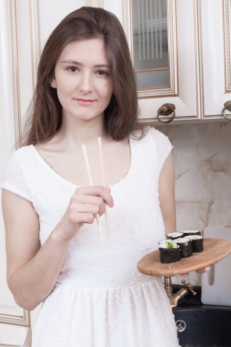 Sweet Shivali using chopsticks on her hairy wolf twat after eating sushi