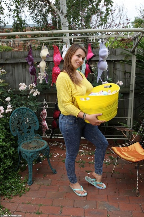 Adorable Australian with huge juggs Christina toys her hairy twat outdoors