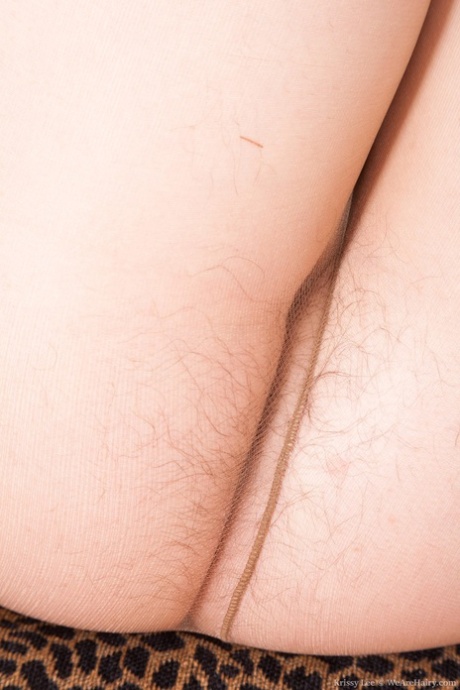 Brunette in pantyhose Krissy Lee exposes & displays her hairy pussy up close