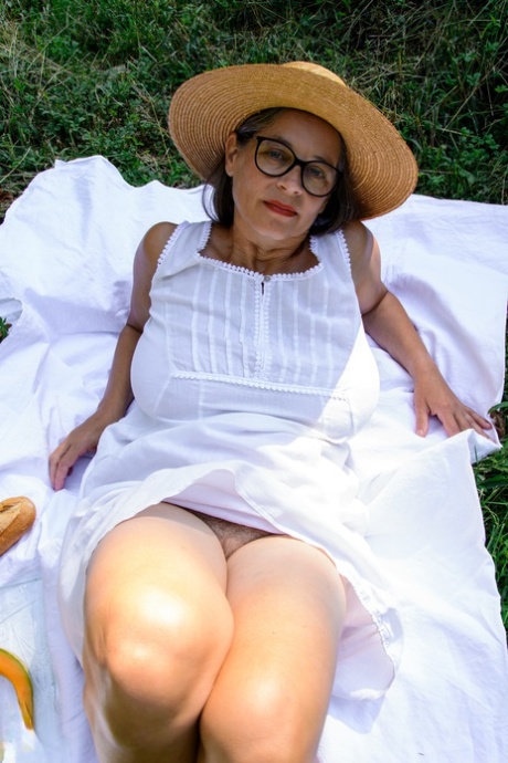 German granny Busty Tina shows her big tits & masturbates to orgasm in nature