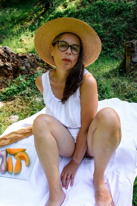 German granny Busty Tina shows her big tits & masturbates to orgasm in nature