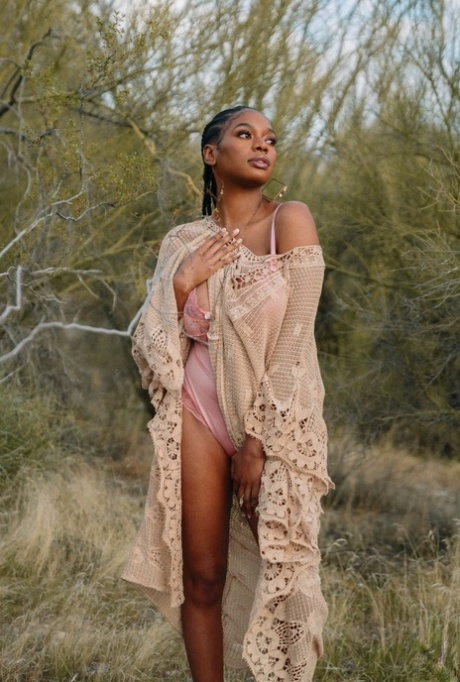 Beautiful ebony babe Nyla shows her juicy melons in a sexy outdoor striptease