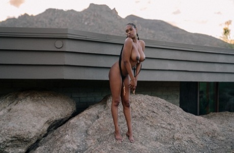 Beautiful ebony babe Nyla shows her juicy melons in a sexy outdoor striptease